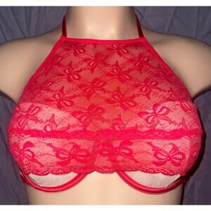 34DD RED LACE VICTORIA'S SECRET HALTER BRALETTE BRA
